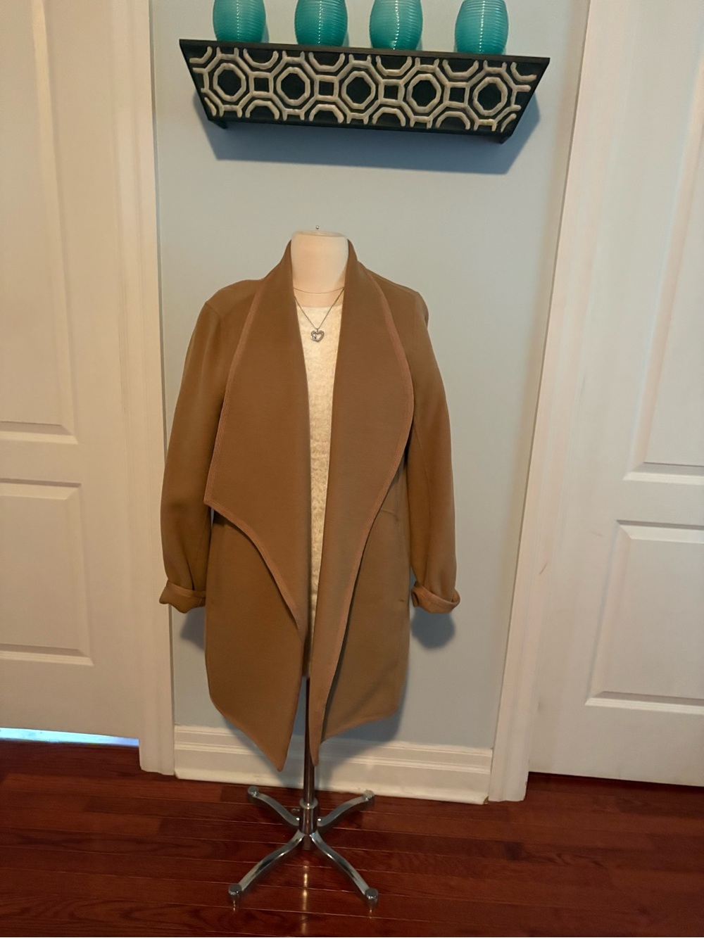 Elie Tahari Camel Open-Front Draped Trench Coat